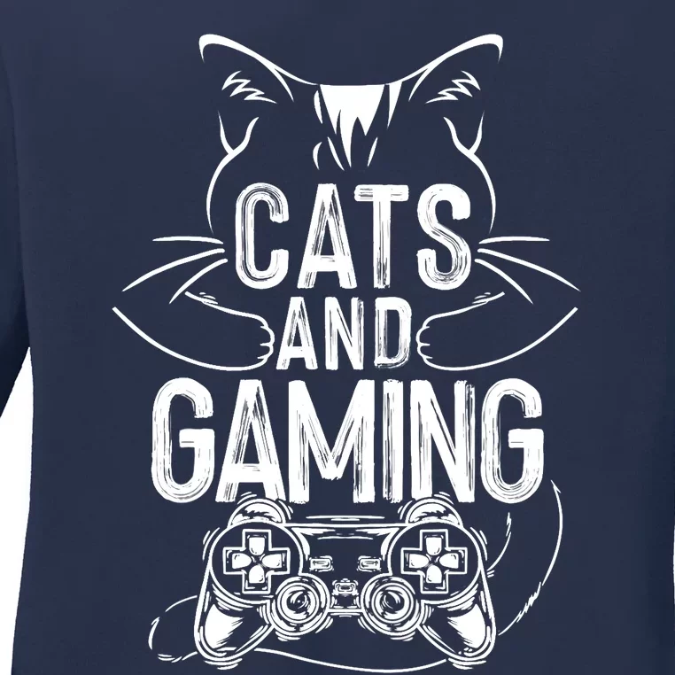 Cats And Gaming Funny For Gamer, Cat Lover, Cat Mom, Cat Dad Ladies Long Sleeve Shirt