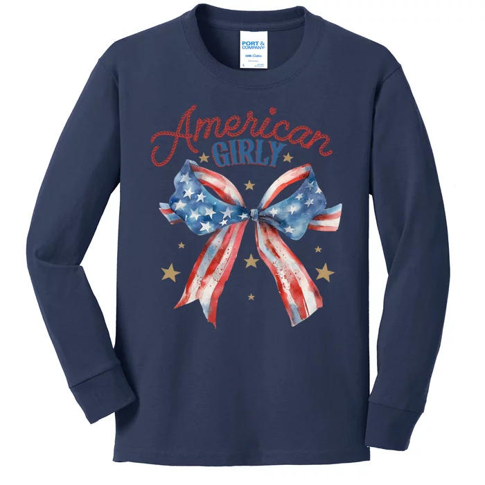 Cool American Girly Vintage Usa Flag Bowtie Kids Long Sleeve Shirt