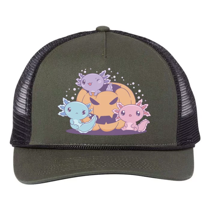 Cute Axolotl Halloween Pumpkin Retro Rope Trucker Hat Cap