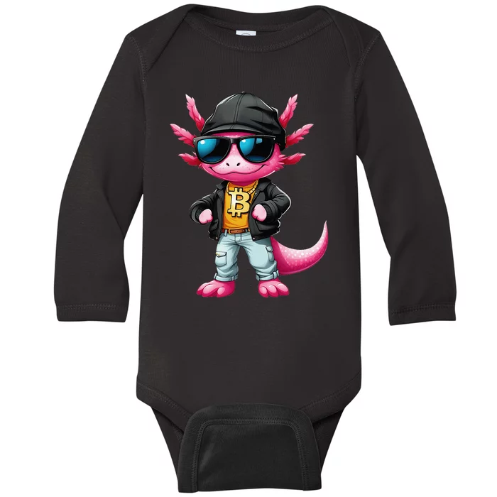 Cool Axolotl Hodler Sunglasses Neckless Bitcoin Baby Long Sleeve Bodysuit