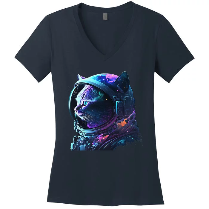 Cat Astronaut In Space Suit And Helmet In The Cosmos Funny Women's V-Neck T-Shirt