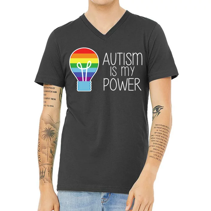 Cute Autism Is My Power Colorful Rainbow Light Bulb V-Neck T-Shirt