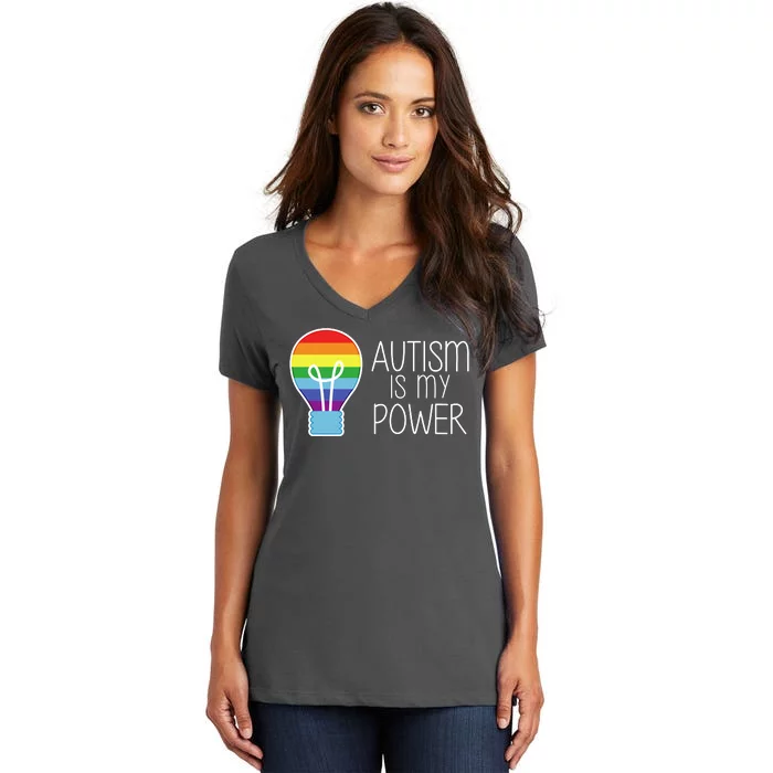 Cute Autism Is My Power Colorful Rainbow Light Bulb Women's V-Neck T-Shirt