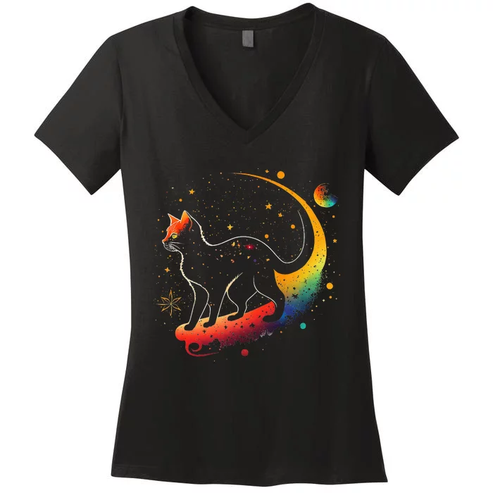 Cat Astronaut in Space Suit and Helmet in the Cosmos Funny Women's V-Neck T-Shirt