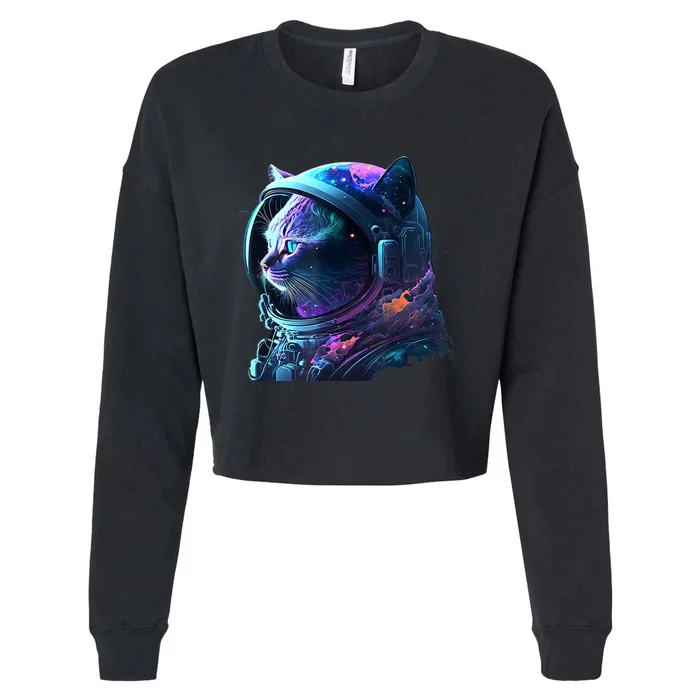 Cat Astronaut In Space Suit And Helmet In The Cosmos Funny Cropped Pullover Crew