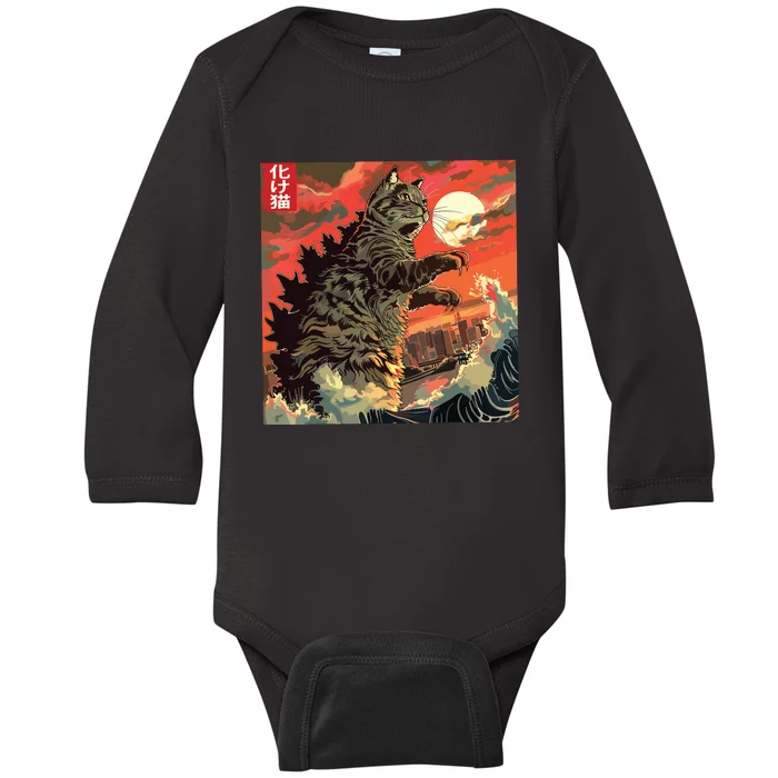 Catzilla Attacking Japan Funny Cute Cat Anime Style Baby Long Sleeve Bodysuit