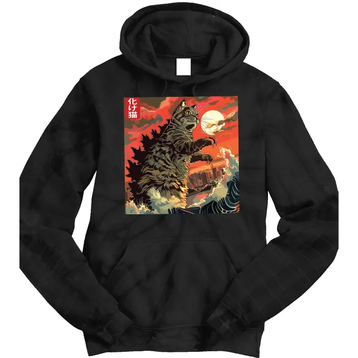 Catzilla Attacking Japan Funny Cute Cat Anime Style Tie Dye Hoodie