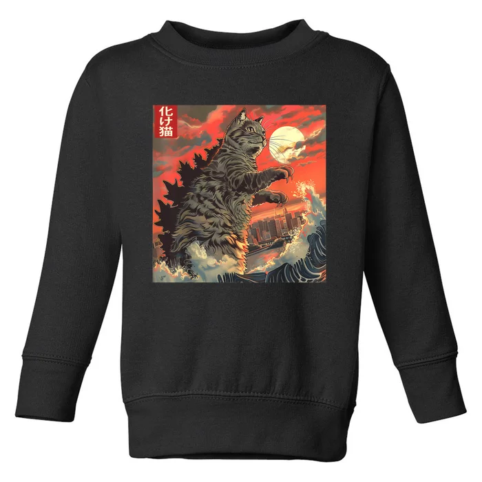 Catzilla Attacking Japan Funny Cute Cat Anime Style Toddler Sweatshirt