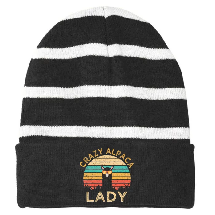 Crazy Alpaca Lady Funny Alpaca Wearing Sunglasses Farmer Striped Beanie with Solid Band