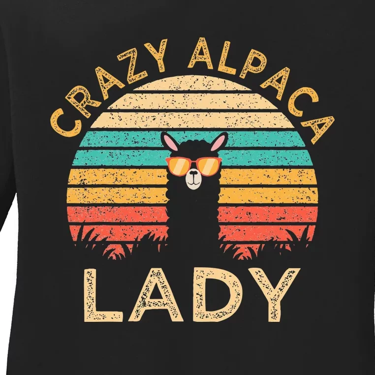 Crazy Alpaca Lady Funny Alpaca Wearing Sunglasses Farmer Ladies Long Sleeve Shirt