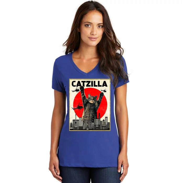 Catzilla Anime Lover Kawaii Animals Japanese Style Movies Women's V-Neck T-Shirt