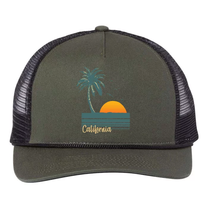 California Palm Tree Sunset Beach Retro Rope Trucker Hat Cap