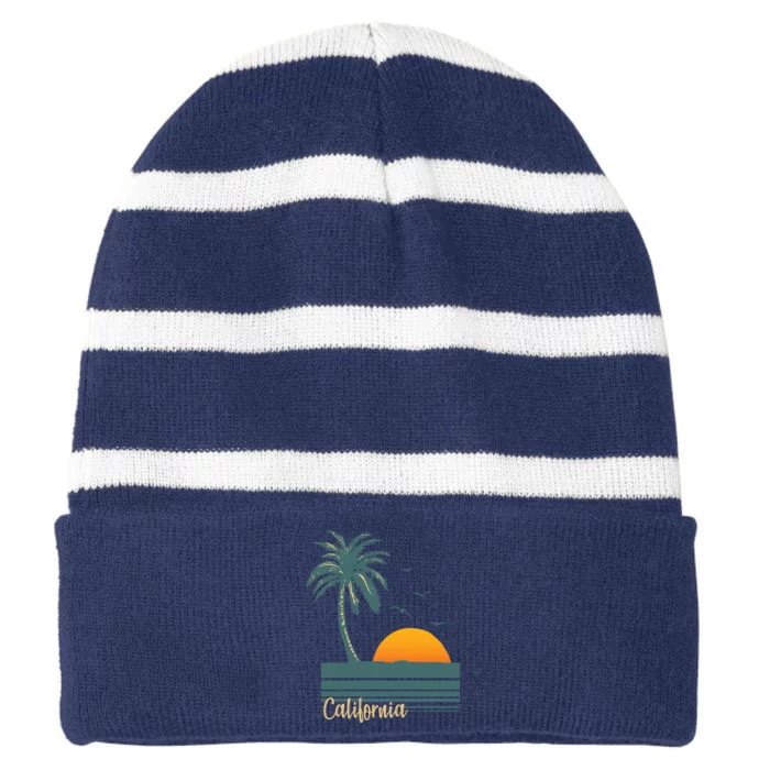 California Palm Tree Sunset Beach Striped Beanie with Solid Band