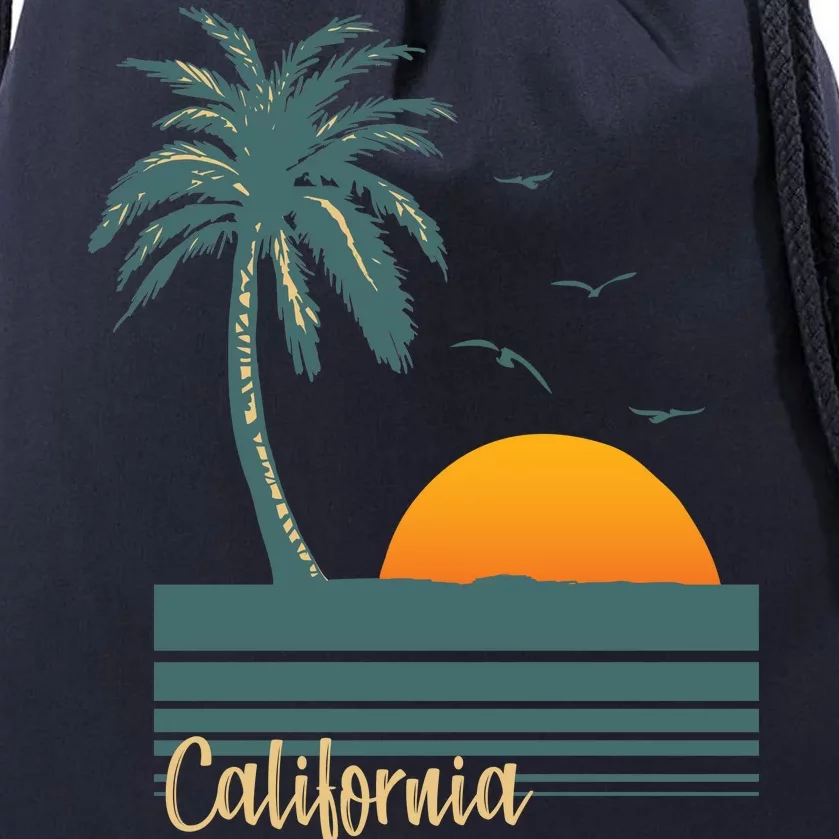 California Palm Tree Sunset Beach Drawstring Bag