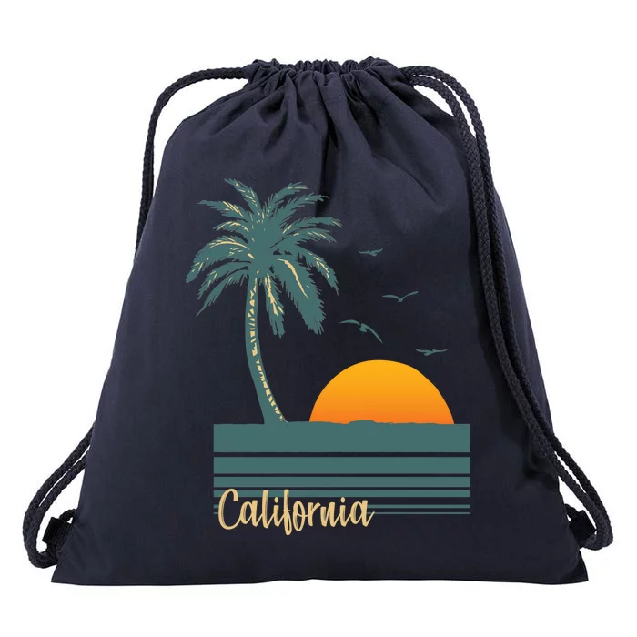 California Palm Tree Sunset Beach Drawstring Bag