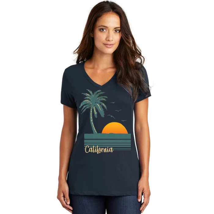 California Palm Tree Sunset Beach Women's V-Neck T-Shirt