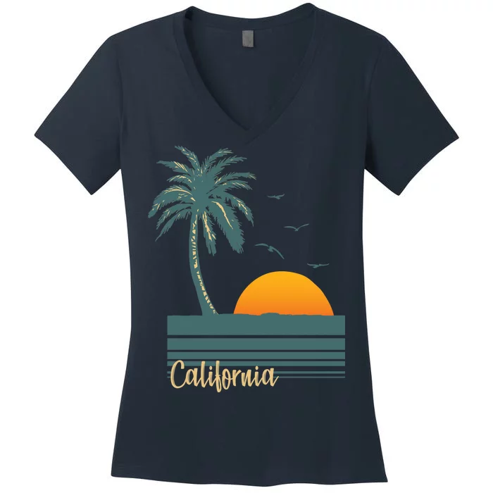 California Palm Tree Sunset Beach Women's V-Neck T-Shirt