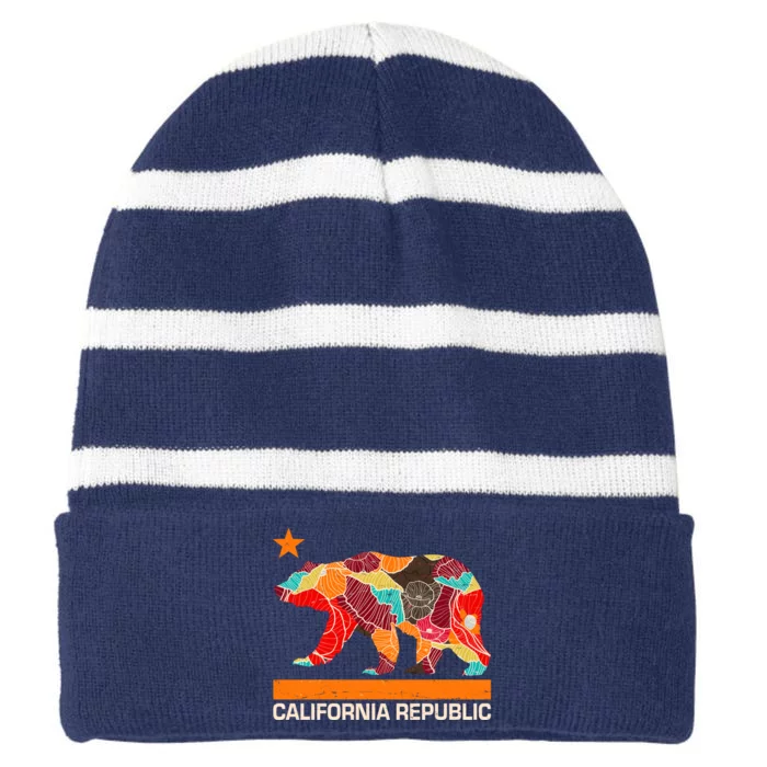 California Republic Logo Flower Floral Pattern Bear Striped Beanie with Solid Band