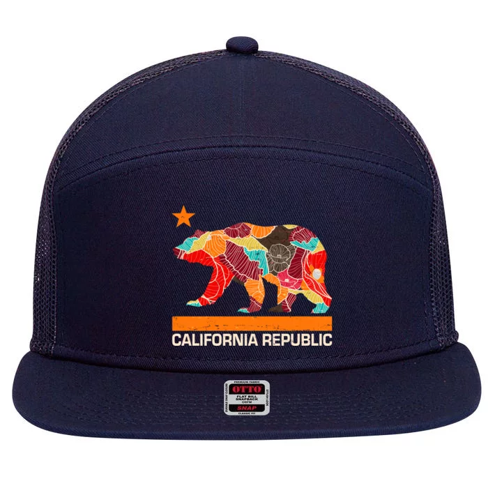 California Republic Logo Flower Floral Pattern Bear 7 Panel Mesh Trucker Snapback Hat