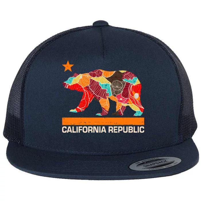 California Republic Logo Flower Floral Pattern Bear Flat Bill Trucker Hat