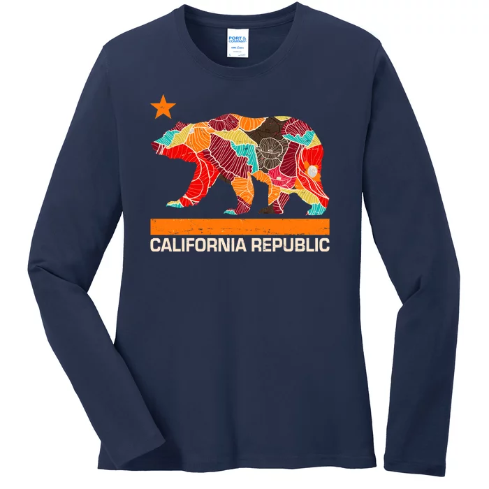 California Republic Logo Flower Floral Pattern Bear Ladies Long Sleeve Shirt