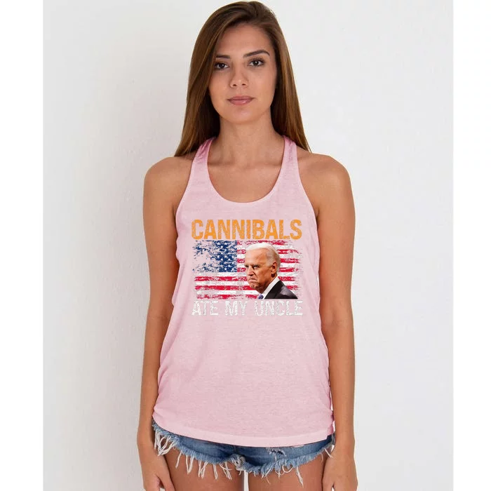 Cannibals Ate My Uncle Us Flag Joe Biden Vintage Sarcastic Women's Knotted Racerback Tank