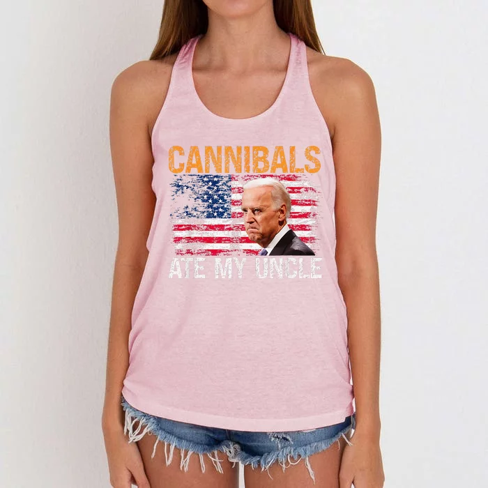 Cannibals Ate My Uncle Us Flag Joe Biden Vintage Sarcastic Women's Knotted Racerback Tank