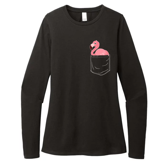 Cute Adorable Mini Flamingo in Pocket Womens CVC Long Sleeve Shirt