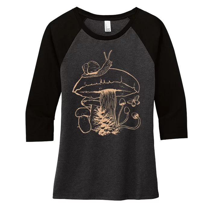 Cottagecore Aesthetic Mushroom Snail Goblincore Mycology Women's Tri-Blend 3/4-Sleeve Raglan Shirt