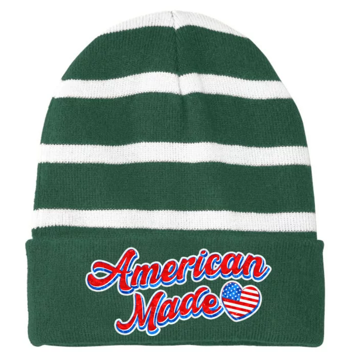 Cute American Made American USA Flag Heart Striped Beanie with Solid Band