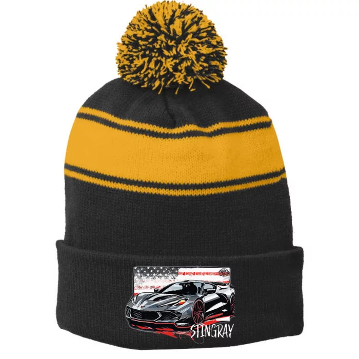 C8 American Muscle V8 Supercar Stingray Cool Vette Mechanic Stripe Pom Pom Beanie