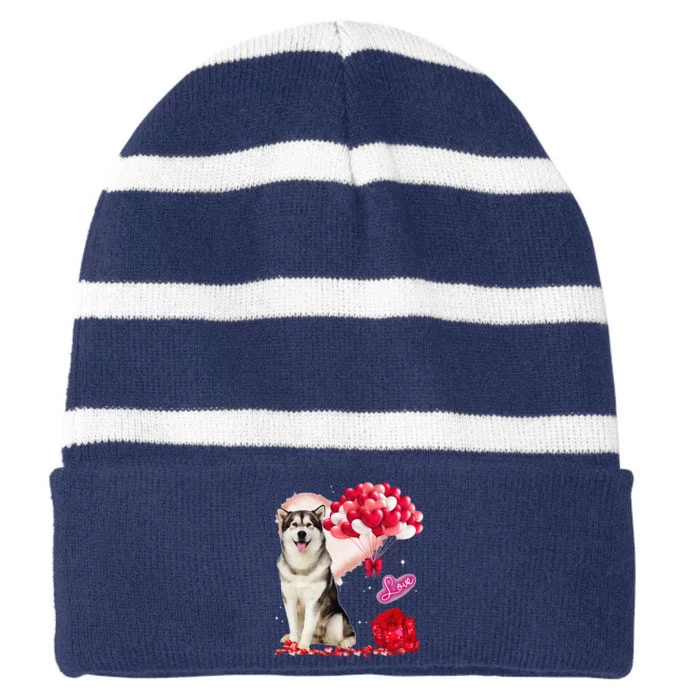 Cute Alaskan Malamute Balloon Heart Valentine's Day Striped Beanie with Solid Band