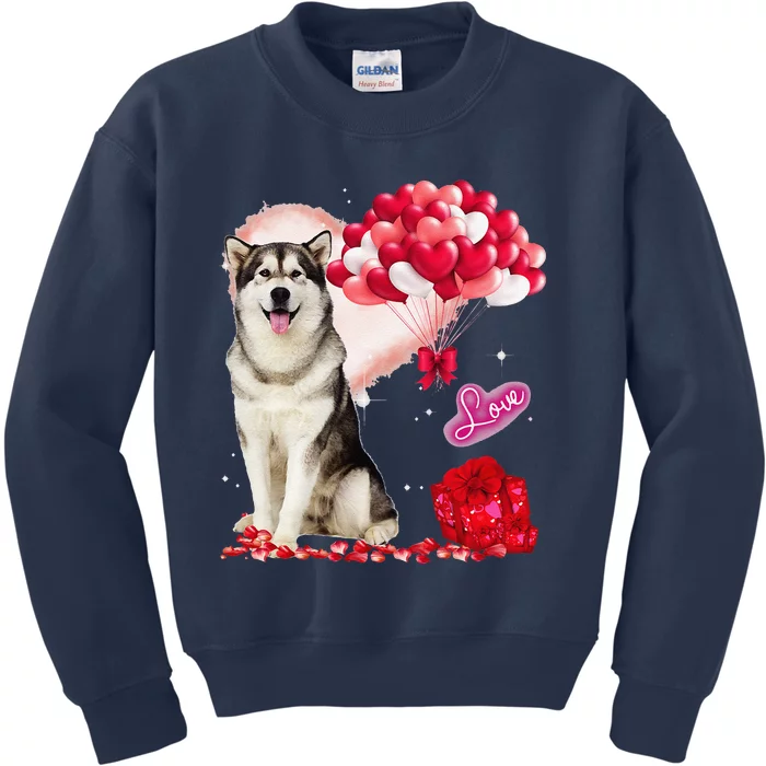 Cute Alaskan Malamute Balloon Heart Valentine's Day Kids Sweatshirt