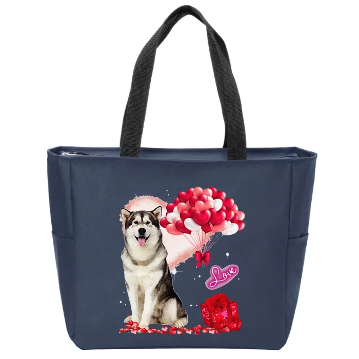 Cute Alaskan Malamute Balloon Heart Valentine's Day Zip Tote Bag