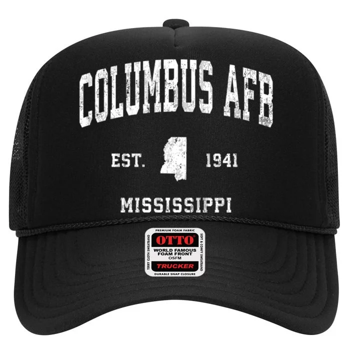 Columbus Afb Mississippi Ms Vintage Athletic Black Sports De High Crown Mesh Trucker Hat