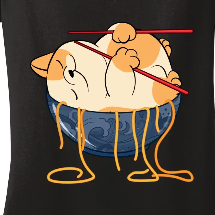 Cute Anime Merch Cat Design Japanese Ramen Noodle Women's V-Neck T-Shirt