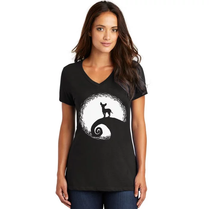 Chihuahua And Moon Halloween Funny For Dog Lover Women's V-Neck T-Shirt