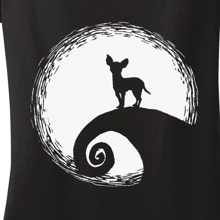 Chihuahua And Moon Halloween Funny For Dog Lover Women's V-Neck T-Shirt