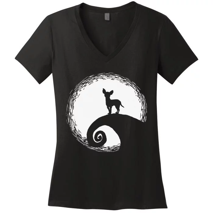 Chihuahua And Moon Halloween Funny For Dog Lover Women's V-Neck T-Shirt