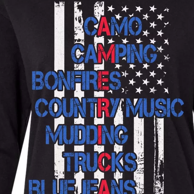 Camo Camping Bonfires Country Music Mudding  Trucks Blue Jeans Womens Cotton Relaxed Long Sleeve T-Shirt