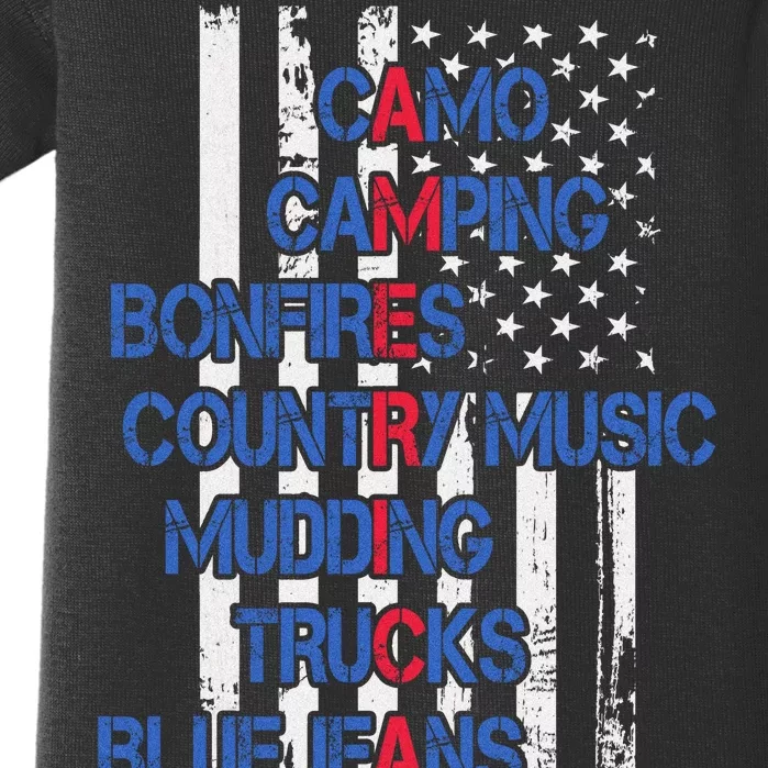 Camo Camping Bonfires Country Music Mudding  Trucks Blue Jeans Baby Bodysuit