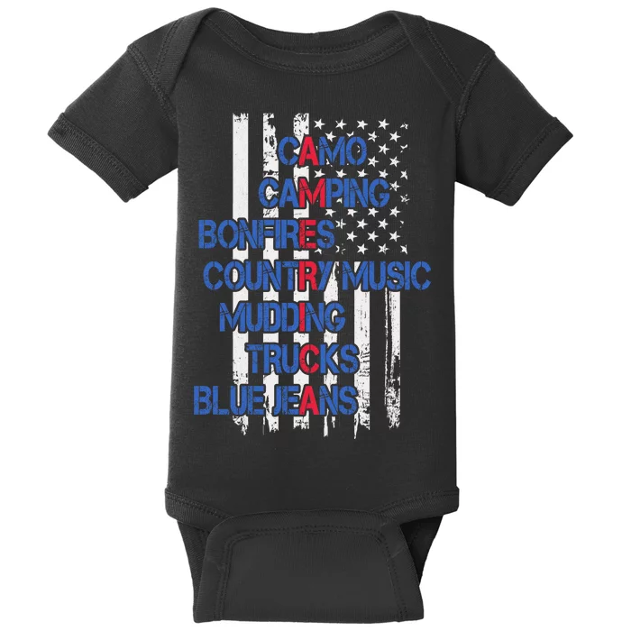 Camo Camping Bonfires Country Music Mudding  Trucks Blue Jeans Baby Bodysuit