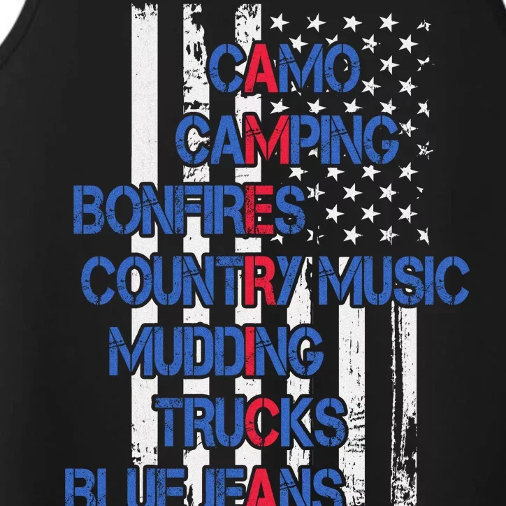 Camo Camping Bonfires Country Music Mudding  Trucks Blue Jeans Performance Tank