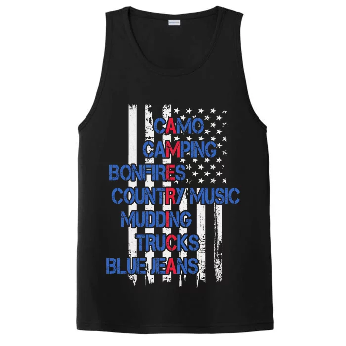 Camo Camping Bonfires Country Music Mudding  Trucks Blue Jeans Performance Tank