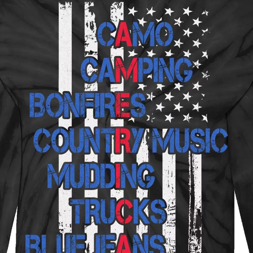 Camo Camping Bonfires Country Music Mudding  Trucks Blue Jeans Tie-Dye Long Sleeve Shirt