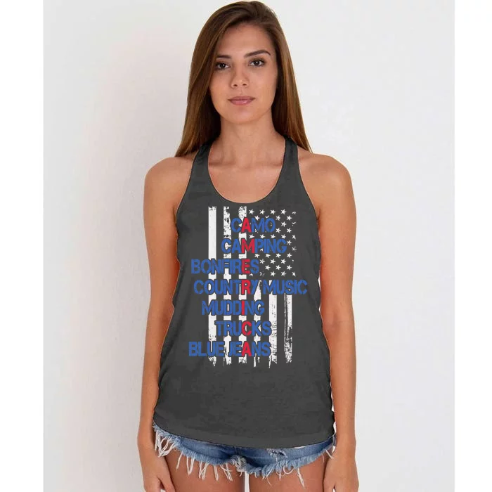 Camo Camping Bonfires Country Music Mudding  Trucks Blue Jeans Women's Knotted Racerback Tank