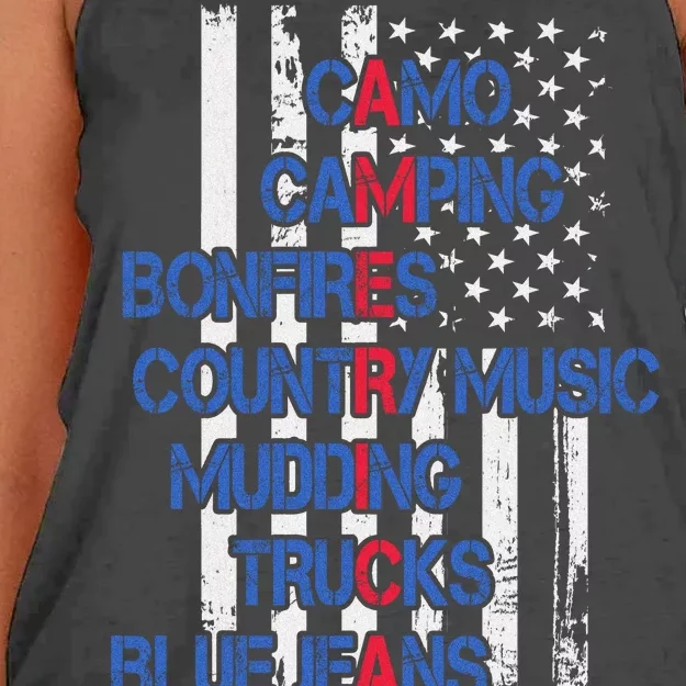 Camo Camping Bonfires Country Music Mudding  Trucks Blue Jeans Women's Knotted Racerback Tank