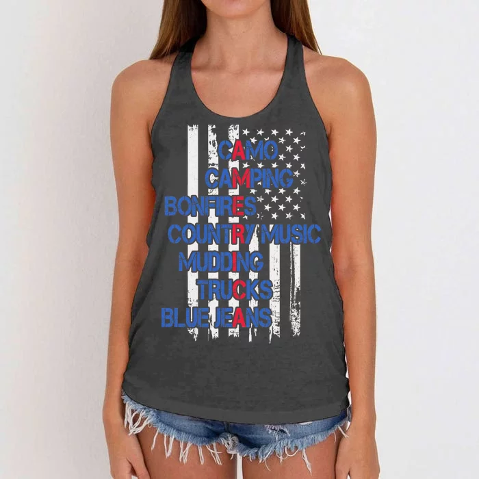 Camo Camping Bonfires Country Music Mudding  Trucks Blue Jeans Women's Knotted Racerback Tank