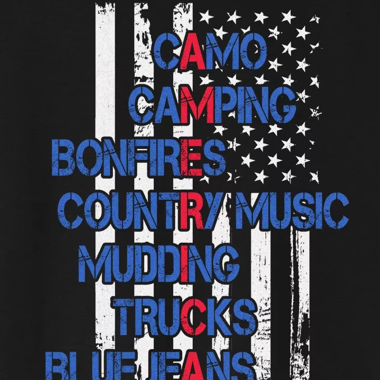 Camo Camping Bonfires Country Music Mudding  Trucks Blue Jeans Women's Crop Top Tee