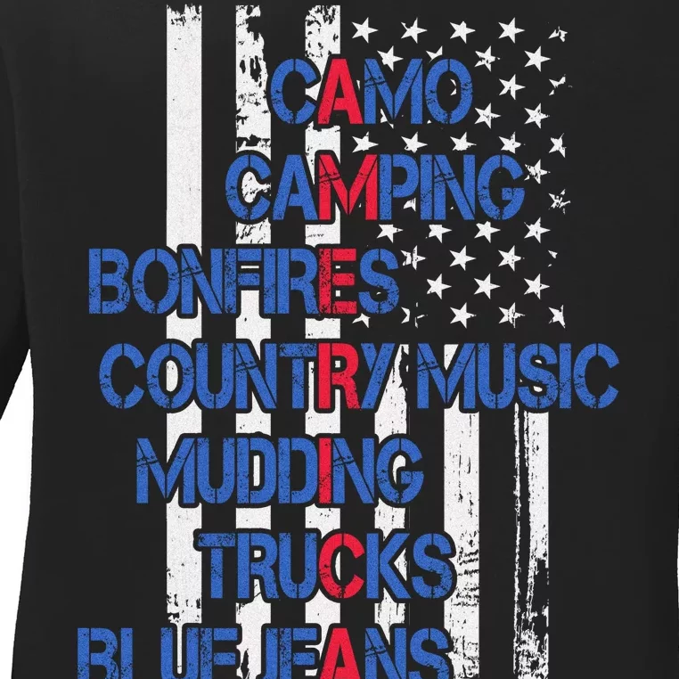 Camo Camping Bonfires Country Music Mudding  Trucks Blue Jeans Ladies Long Sleeve Shirt